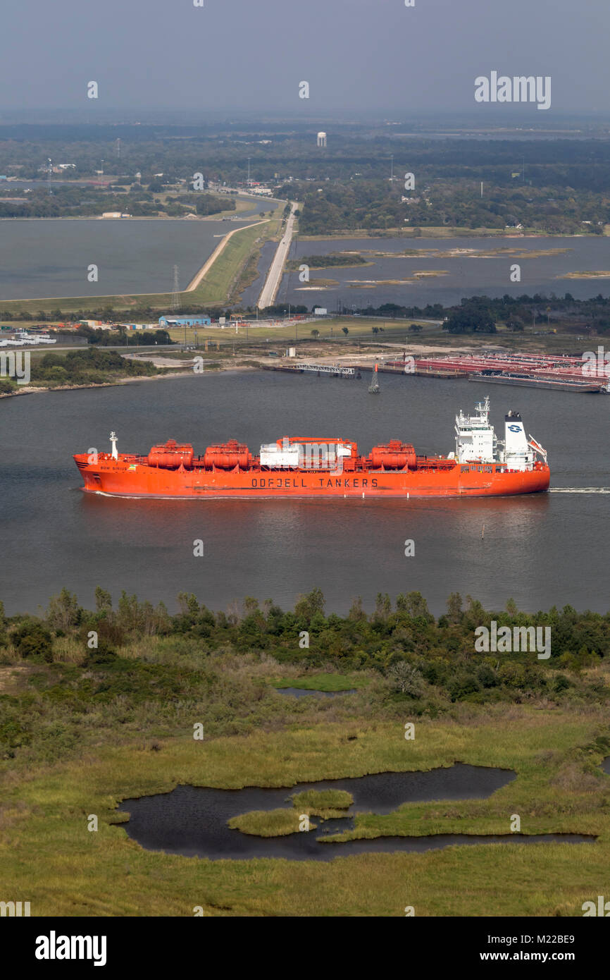 Houston, Texas - der Bug Sirius, einem norwegischen Öl- und Chemikalientanker, im Houston Ship Channel. Stockfoto