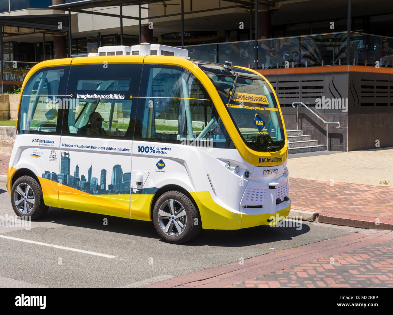RAC Intellibus, einem elektrischen Fahrerlose bus Versuch in Perth, Western Australia Stockfoto