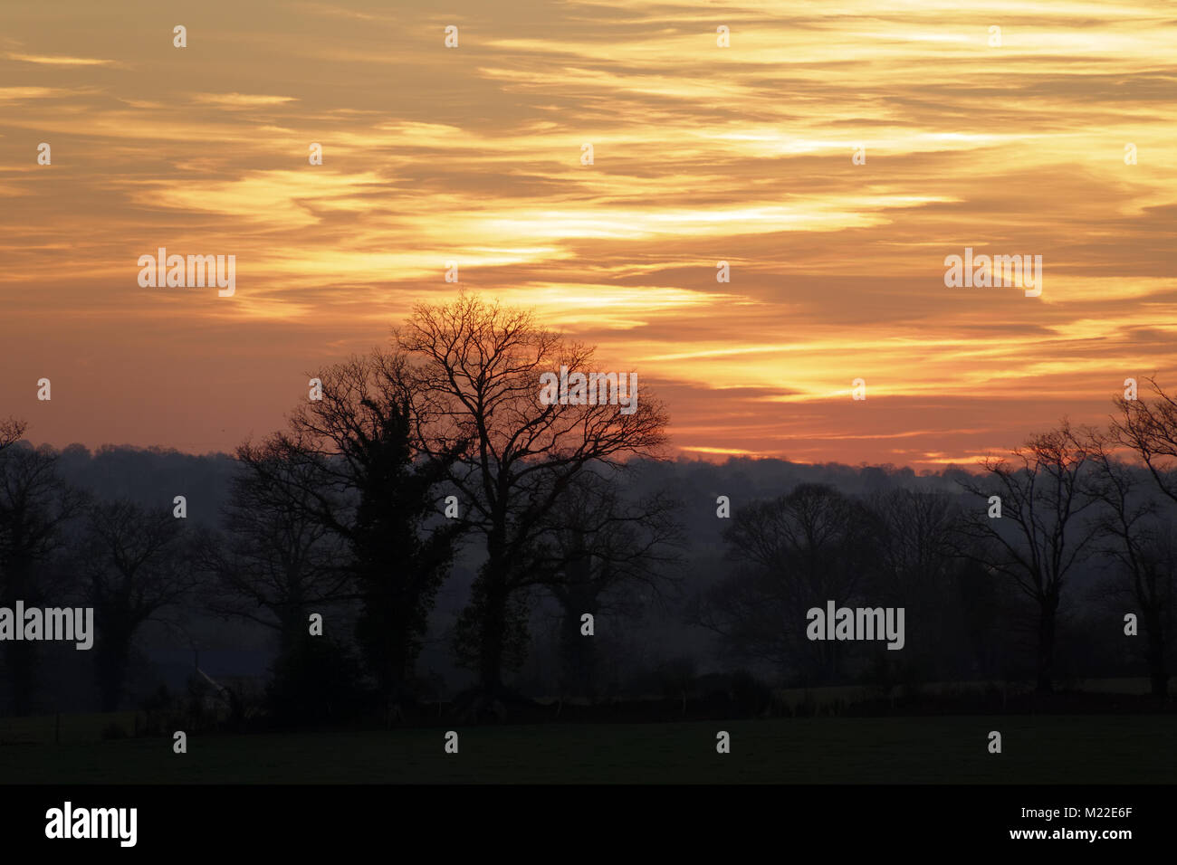 Sonnenuntergang über der Landschaft im Winter (Norden Mayenne, Pays de la Loire, Frankreich). Stockfoto