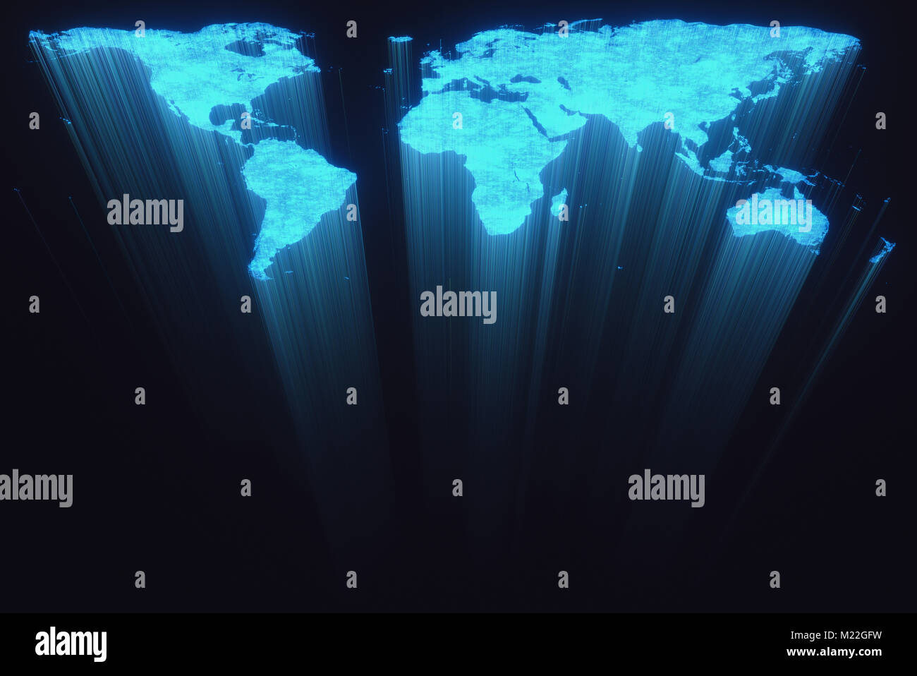 3D-Darstellung. Karte der Welt in Form von LWL-Kabel. Stockfoto