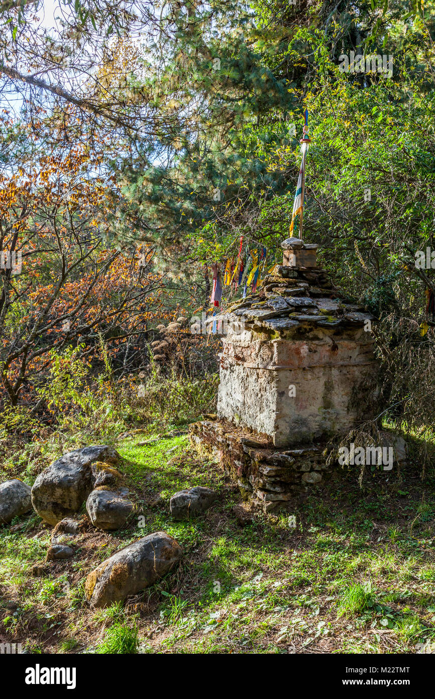 Chumey Valley, in der Nähe von Prakhar, Lhakhang, Bumthang, Bhutan. Alte Chorten, ein Heiligtum in der Regel zum Gedenken an eine heilige Person. Stockfoto