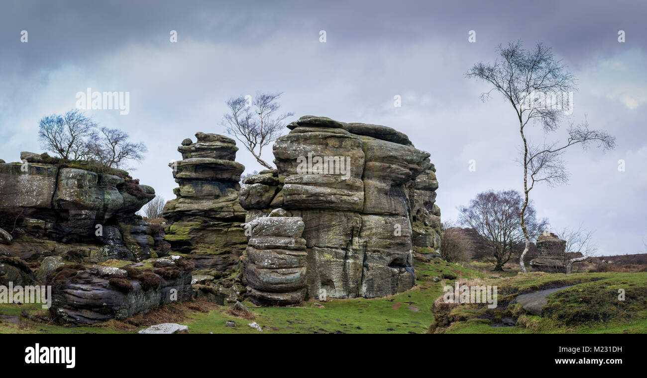 Grit Felsvorsprung zu historischen Brimham Rocks auf Moor in der Nähe von Brimham Pateley Bridge in Yorkshire. Stockfoto