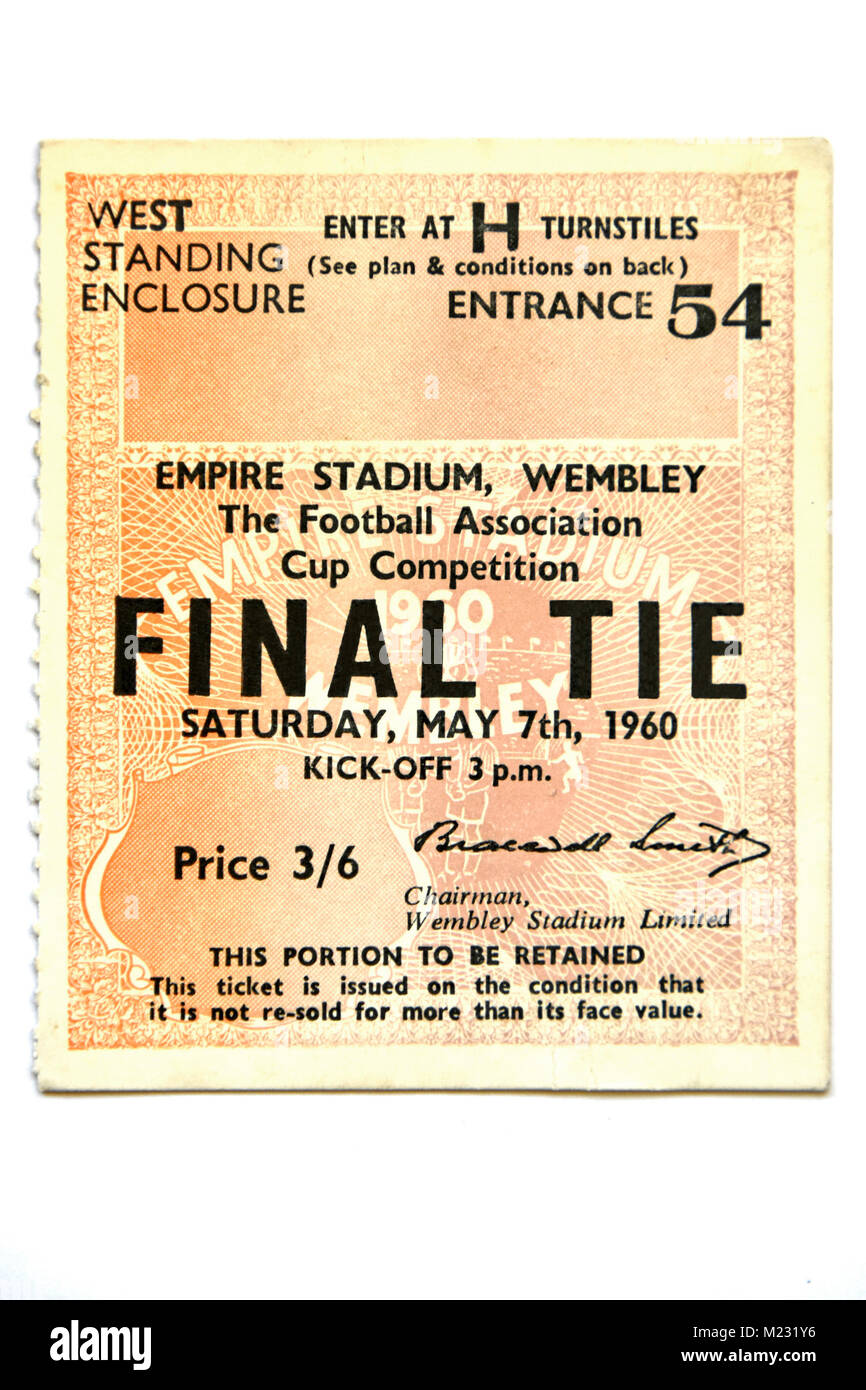 1960 FA-Cup Ticket für Fußballspiel Blackburn Rovers & Wolverhampton Wanderers im Empire Wembley Stadion Kalkulation Schilling & sixpence UK Stockfoto