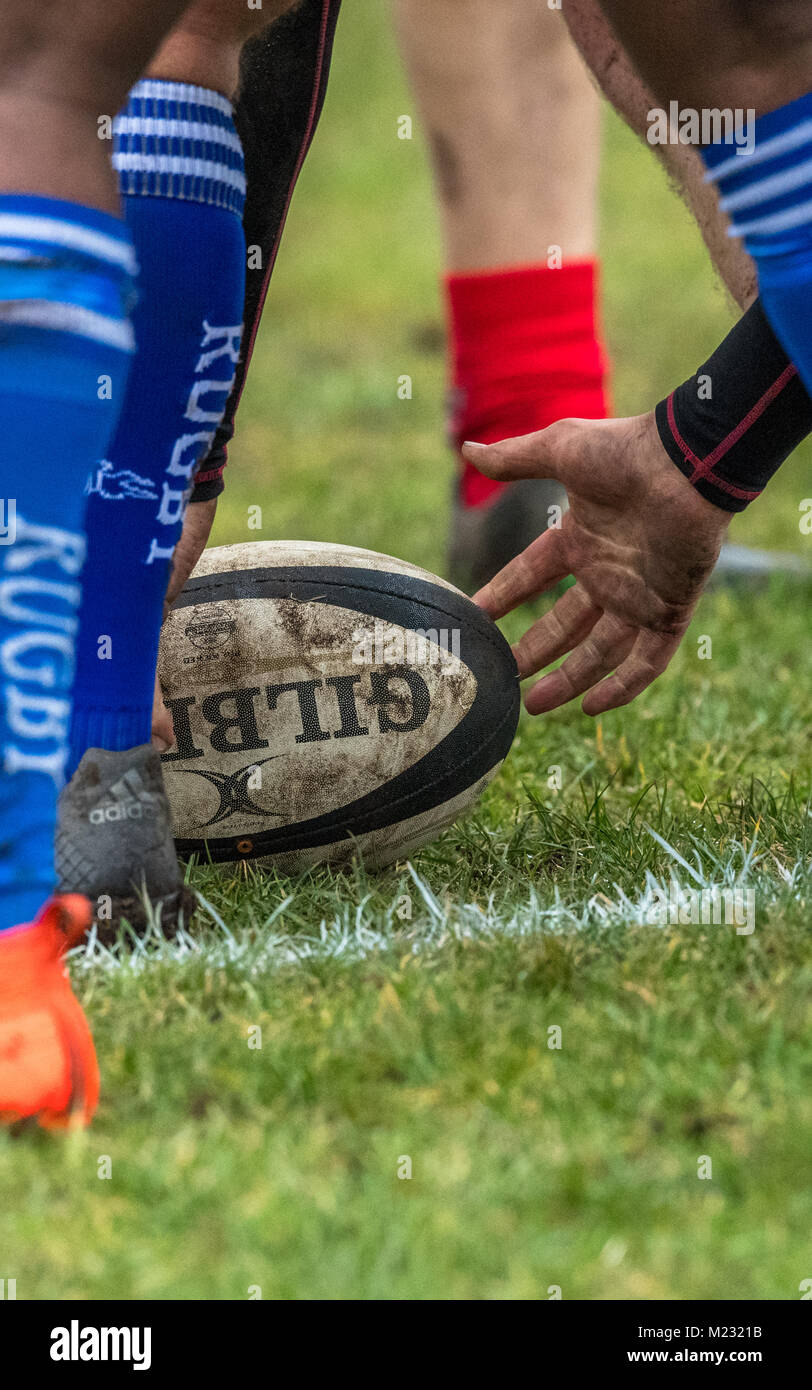 Rugby Union Football in einem Scrum. Stockfoto