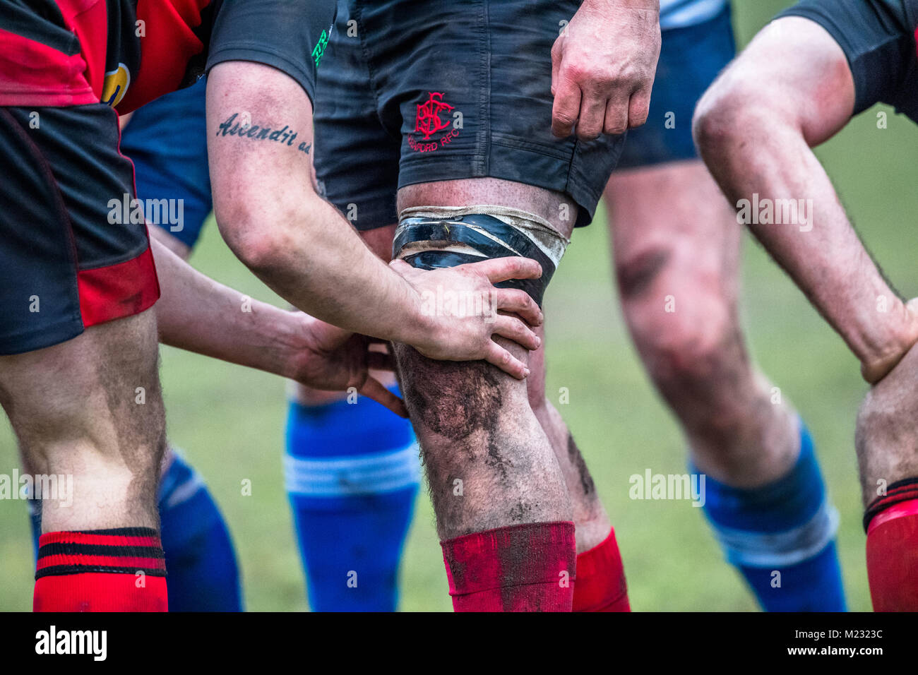 Schlammig und schmutzig Beine der britischen Bewunderer Rugby Union Spieler. Stockfoto