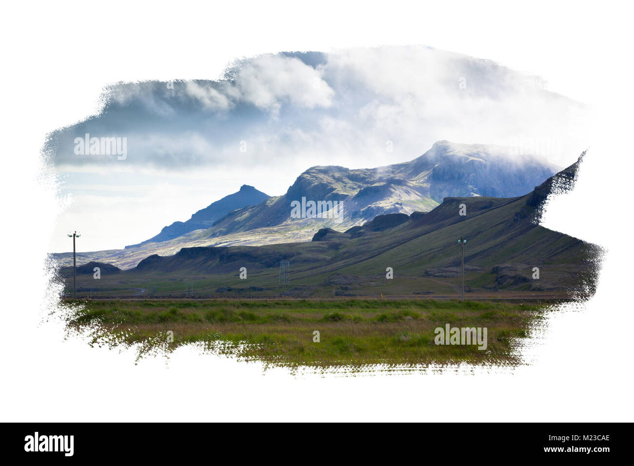 Isländische Landschaft isoliert auf weißem Stockfoto