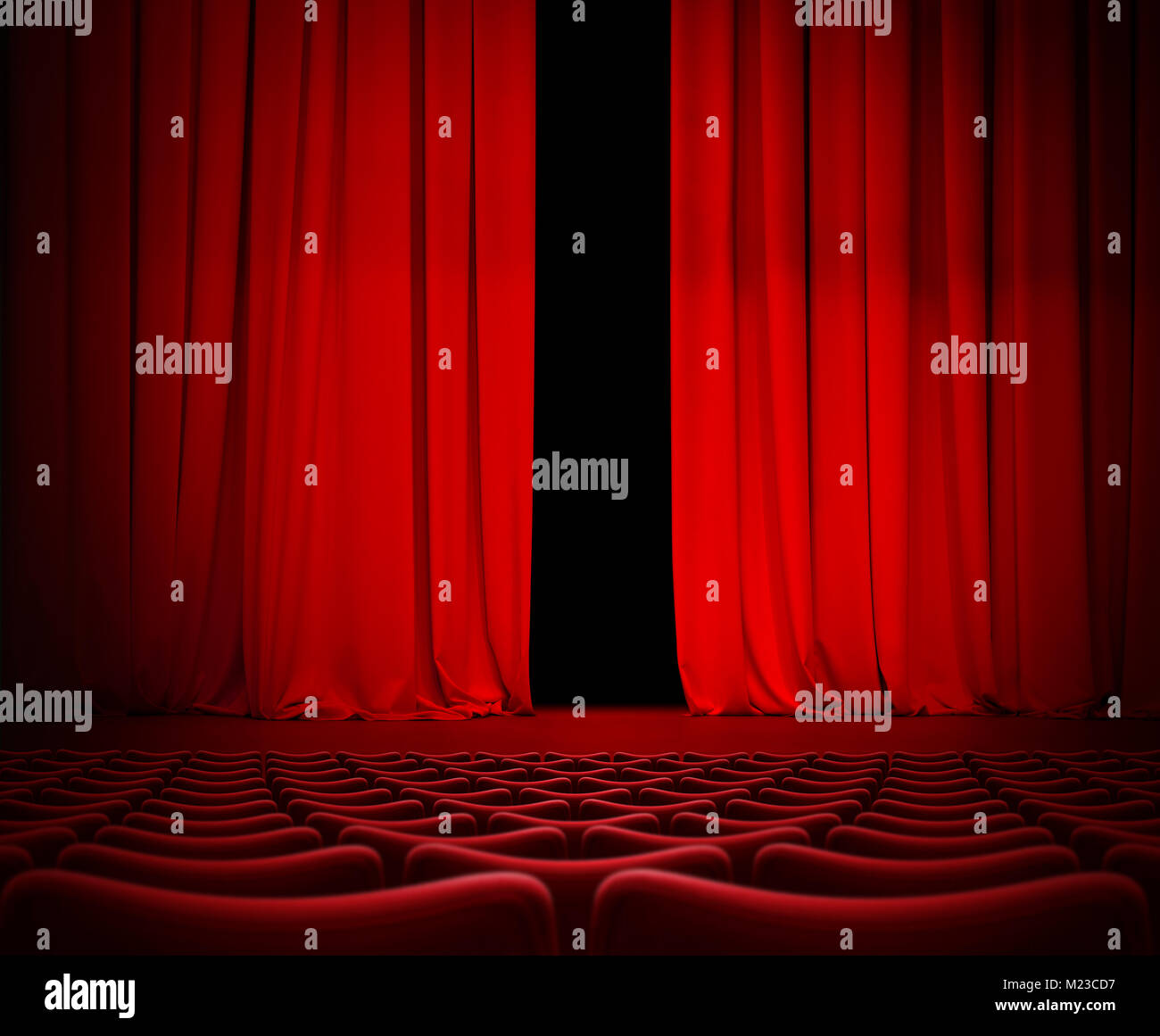 Offenes Theater rote Vorhang auf der Bühne 3D-Darstellung Stockfoto