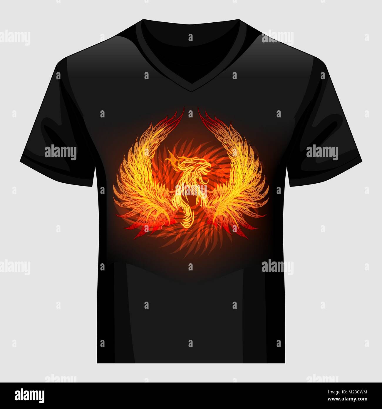 Männer T-Shirt Vorlage mit Phoenix in der Flamme. Vector Illustration. Stock Vektor