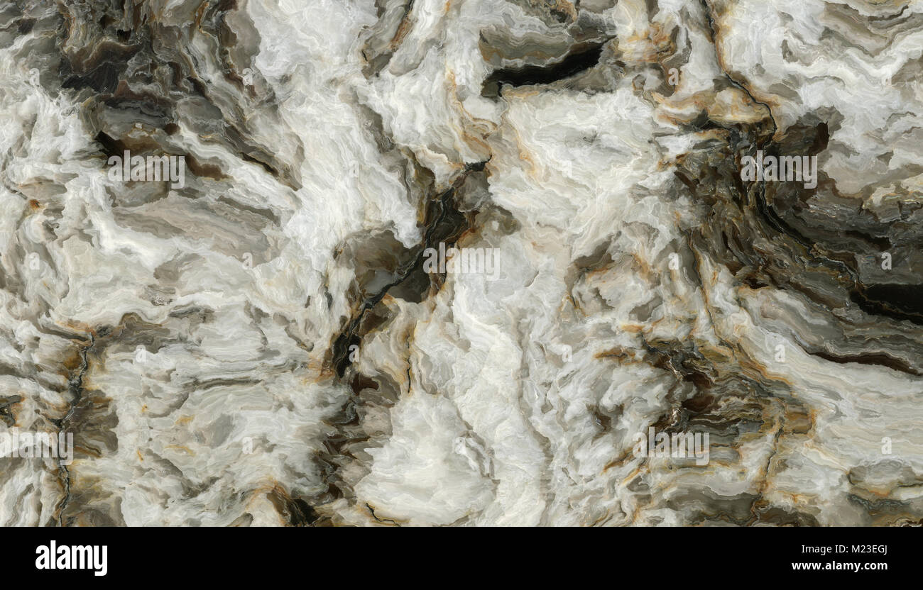 Marmor Muster mit dem lockigen grauen und schwarzen Adern. Abstrakte Textur und Hintergrund. 2D-Darstellung Stockfoto