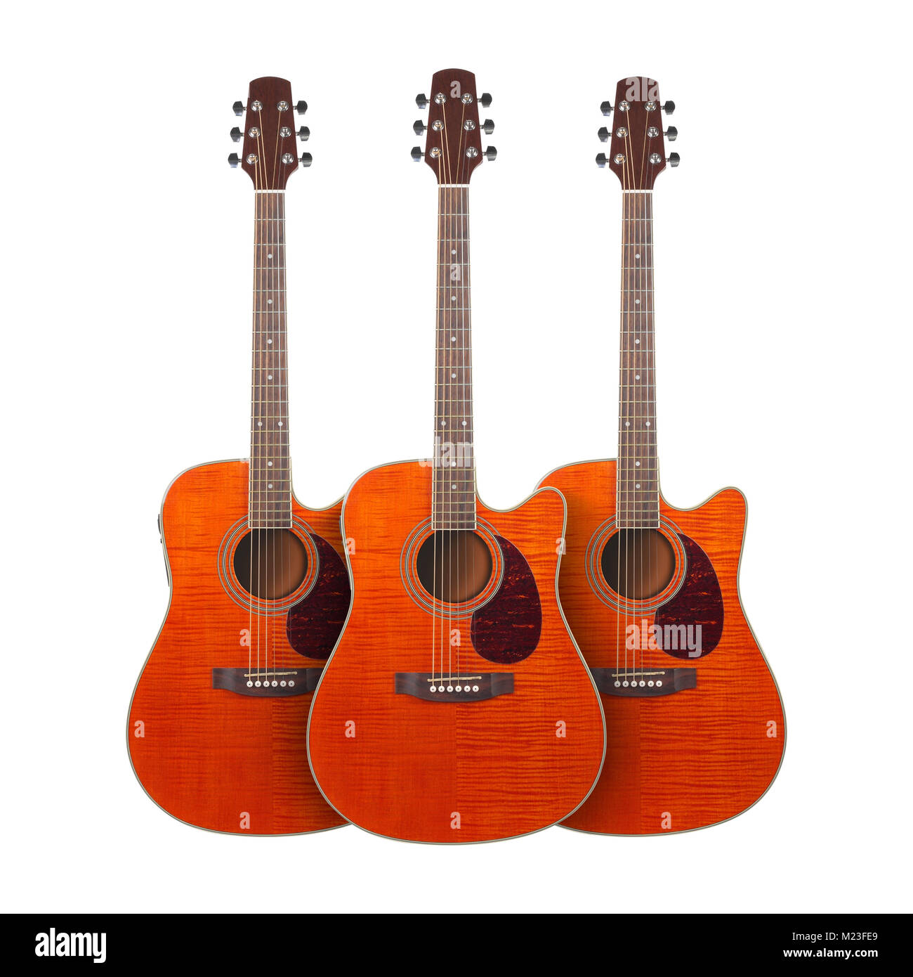 Musikinstrument - 3 orange Flame Maple akustische Cutaway tiger Ahorn Gitarre auf weißem Hintergrund. Stockfoto