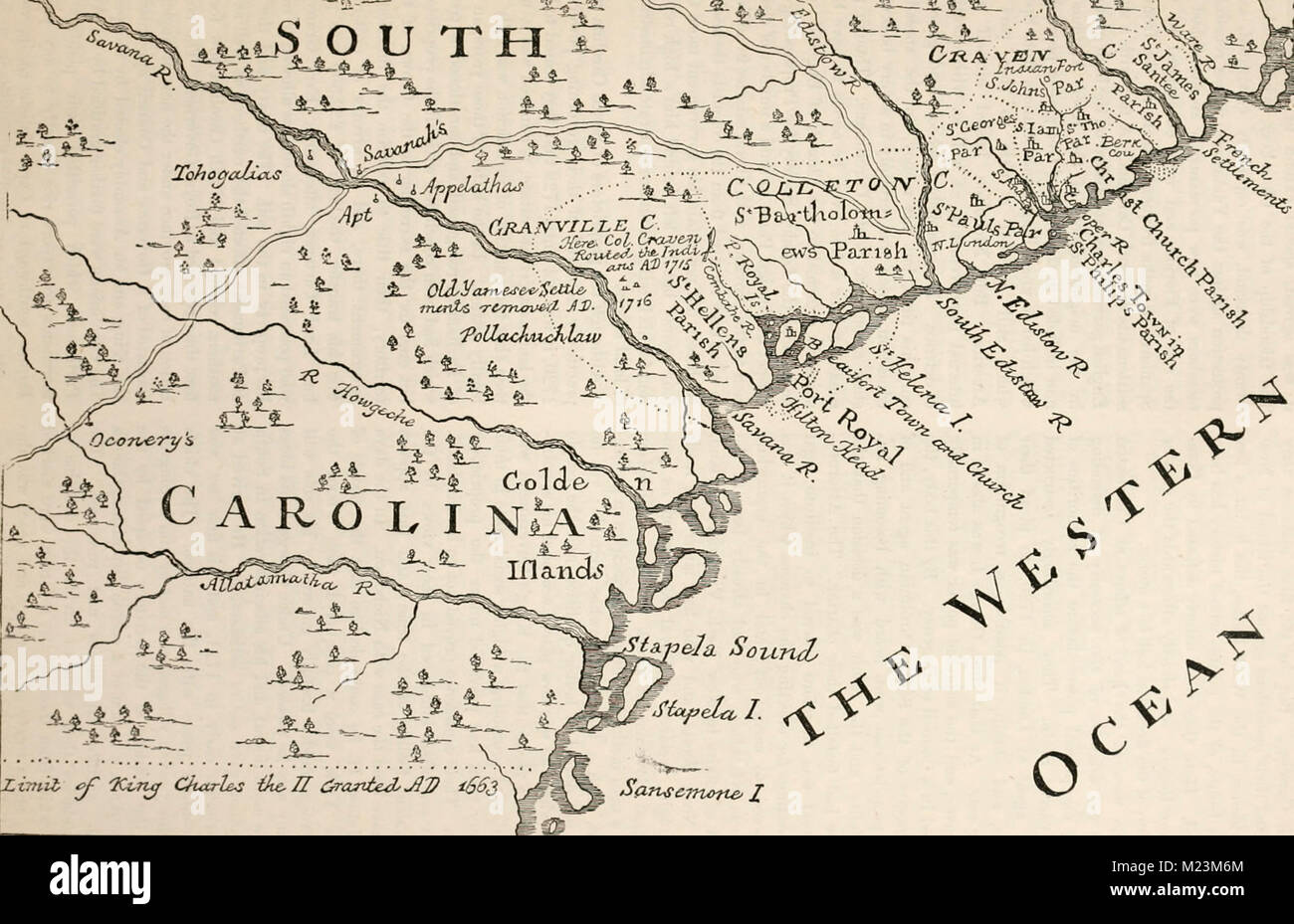 Karte von South Carolina im Jahr 1730 Stockfoto