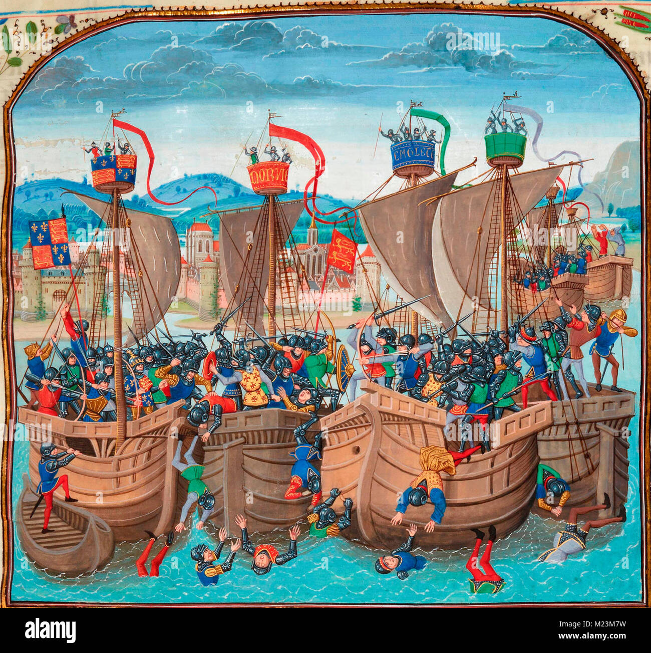 Die Schlacht von Sluys, auch Schlacht von l'Ecluse genannt wurde, war eine Seeschlacht am 24. Juni 1340 kämpfte als einer der Öffnung Konflikte des Hundertjährigen Krieges zwischen England und Frankreich. Stockfoto