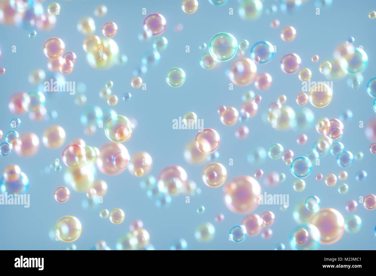 3D-Darstellung. Seifenblasen zufällig fliegen. Bild in Pastellfarben. Stockfoto
