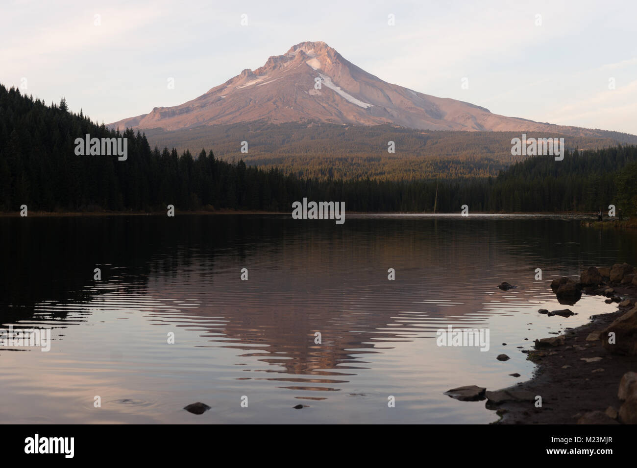 Schnee bleibt noch auf die Höhenlage von Mt Hood hier von Trillium See aus gesehen Stockfoto
