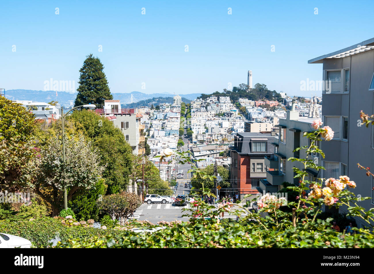 SAN FRANCISCO, Kalifornien - 8. SEPTEMBER 2015 - Blick auf San Francisco von der Lombard Street mit Coit Tower in der Ferne Stockfoto
