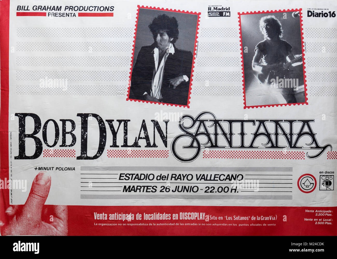 Bob Dylan, Santana, Konzert, Madrid, 1984. Musical Konzert Poster Stockfoto