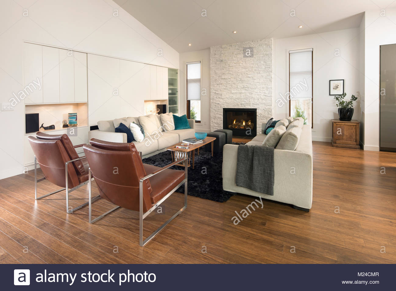 Home Showcase Wohnzimmer mit Kamin Stockfoto