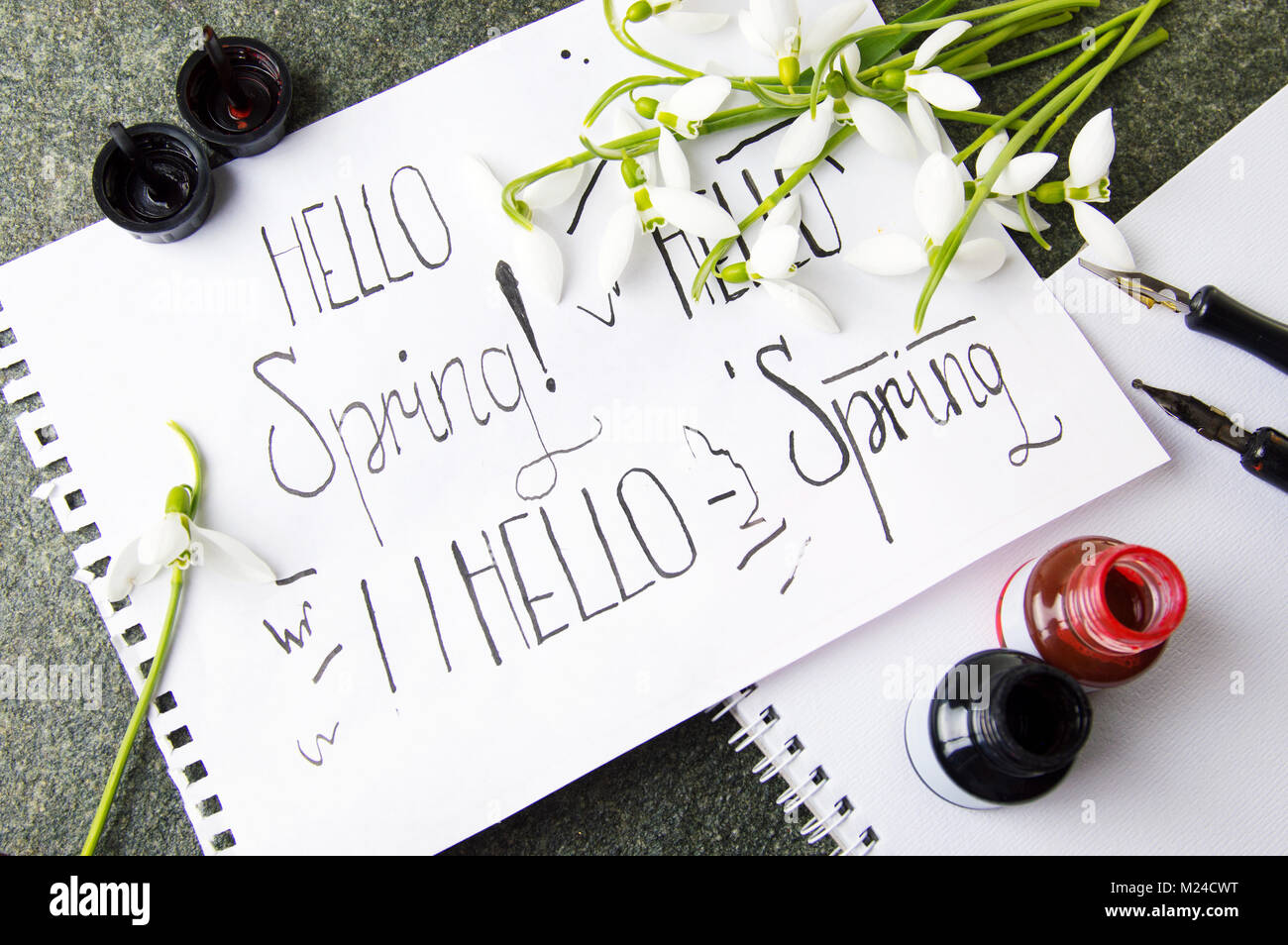 Hallo Frühling Kalligraphie Hinweis auf weißem Papier Stockfoto