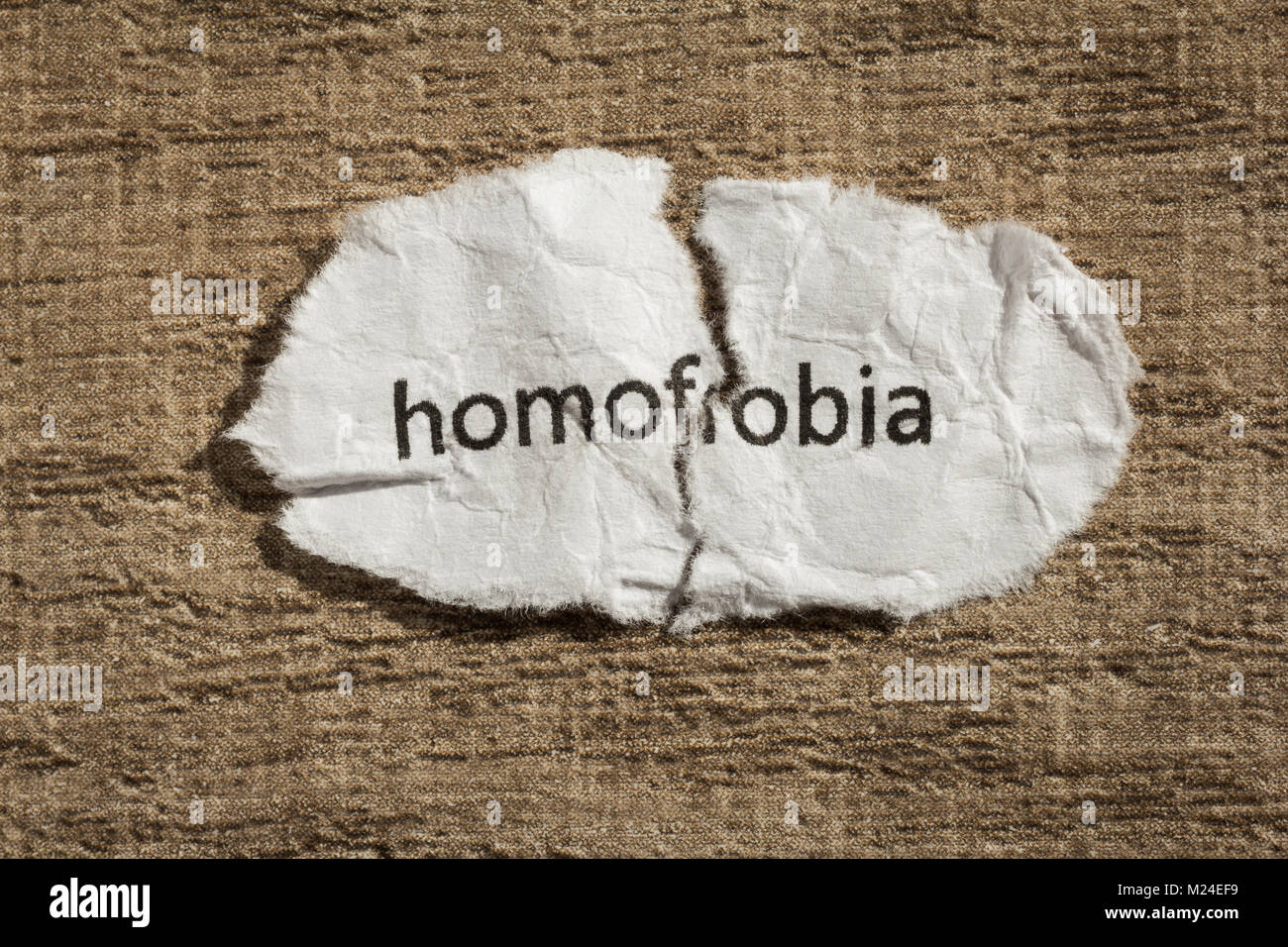 Zerrissenes Papier geschrieben homofobia, Portugiesisch und Spanisch Wort für Homophobie, über Holz- Hintergrund. Alte und verlassene Idee oder Praxis. Makro Foto Stockfoto