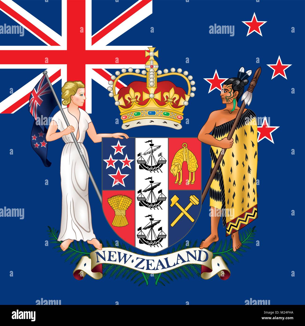 Neuseeland Wappen und Flagge, offiziellen Symbole der Nation Stock Vektor