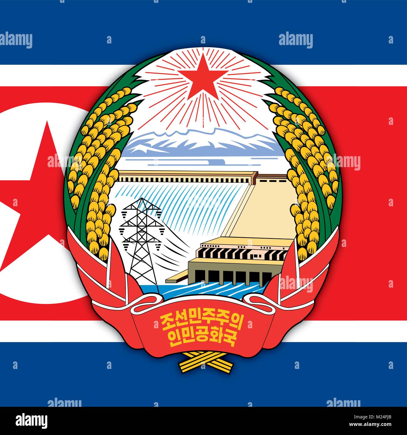 Nordkorea Wappen und Flagge, Symbole des Landes Stock Vektor