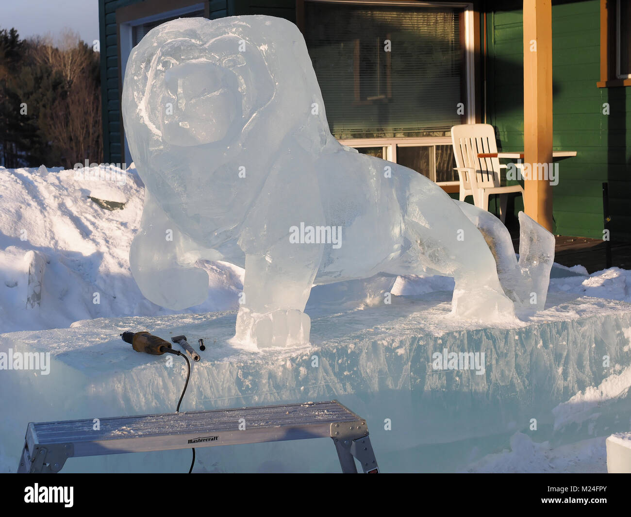 Saint-Come, Kanada 2/3/2018. Ein Löwe geschnitzt aus Eis für die saint-come en Glace Festival, in der Lanaudiere Region Quebec gelegen für Ihren immer Stockfoto