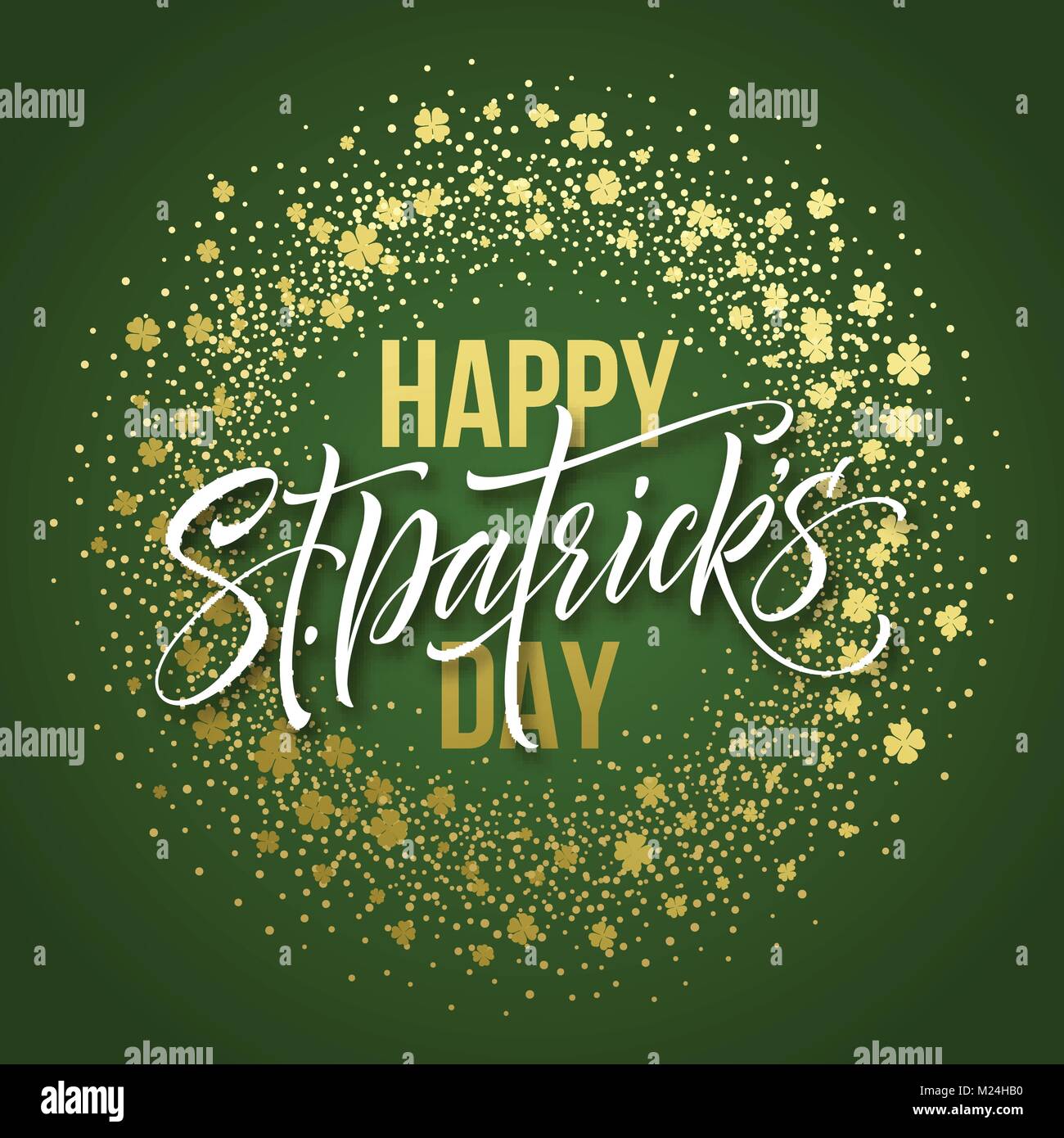 Glücklich St. Patricks Tag Gruß Poster mit Schriftzug Text und golden Glitter Klee verlässt. Vektor-Illustration EPS10 Stock Vektor