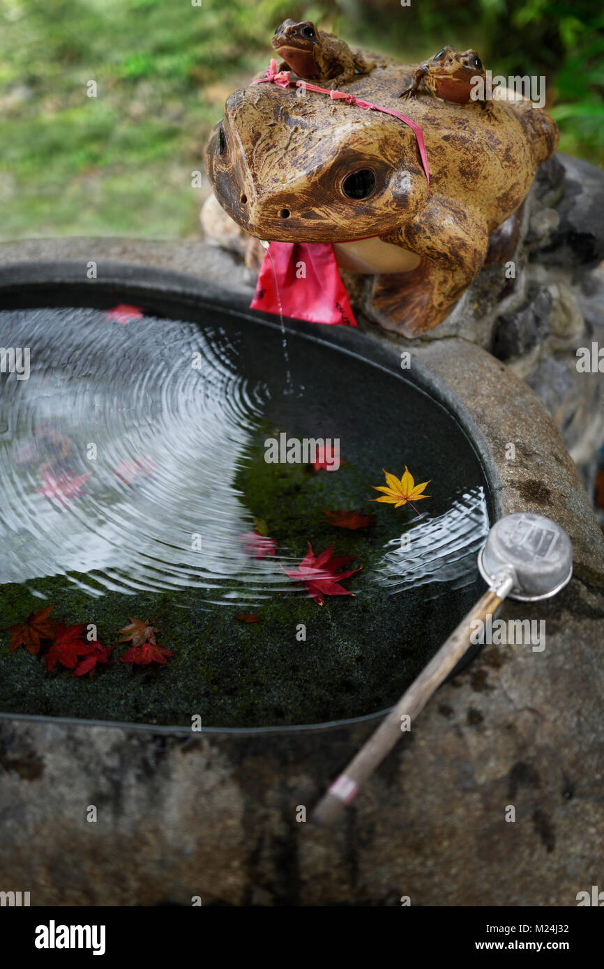 Chozubachi, Wasser Waschung Becken für reinigungsritual an Fuku Kaeru, Fortune Frosch Schrein am Ausgang des Fushimi Inari Taisha Kopf Schrein. Kaeru bedeutet Stockfoto