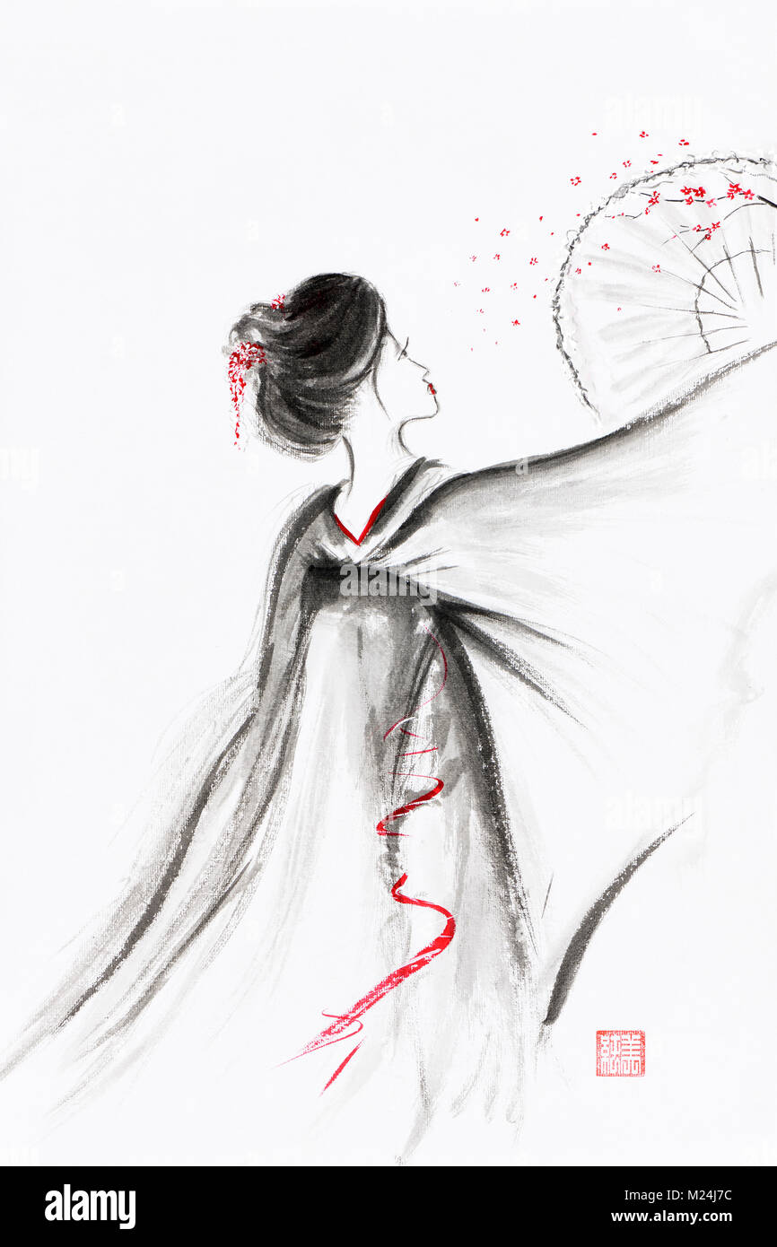 Lizenz verfügbar unter MaximImages.com - exquisite Geisha, die mit einem Fan tanzt und eine blühende Sakura-Zweigstelle im künstlerischen orientalischen Stil darstellt, Stockfoto