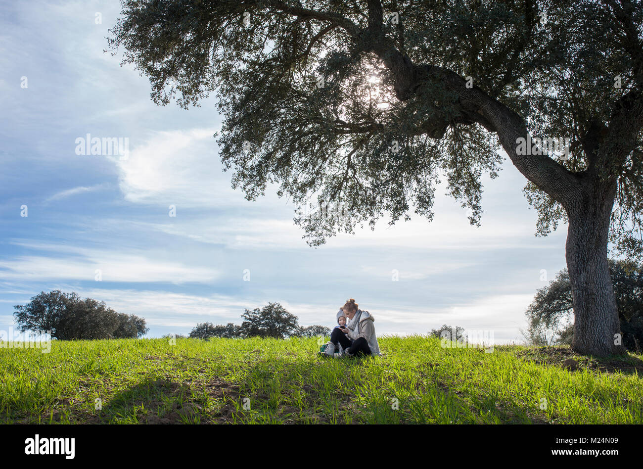 Mutter und Sohn spielen mit Mobile auf die Natur. Die Natur genießen in der Familie Konzept Stockfoto