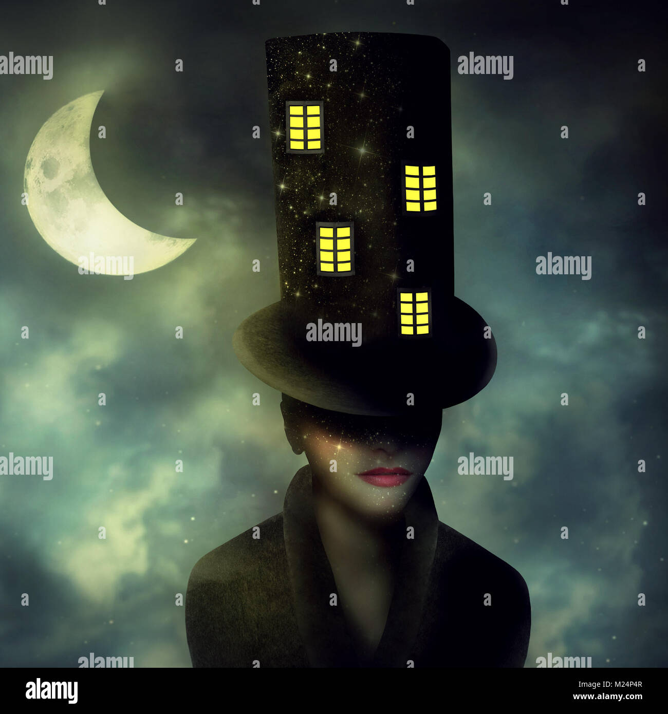 Surrealistische Bild, das eine Porträt einer Frau Charakter mit einem hohen Zylinder mit Windows in einem Nachthimmel mit Halbmond Stockfoto