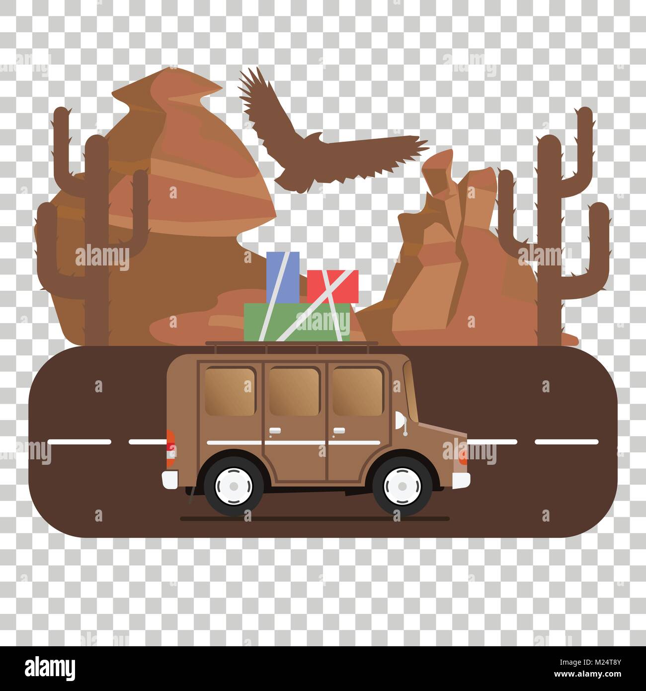 Reisen auto Camping Platz Landschaft. Berge, Wüste, Kaktus, Adler und auf der Straße. Vector Illustration im flachen Stil. Stock Vektor