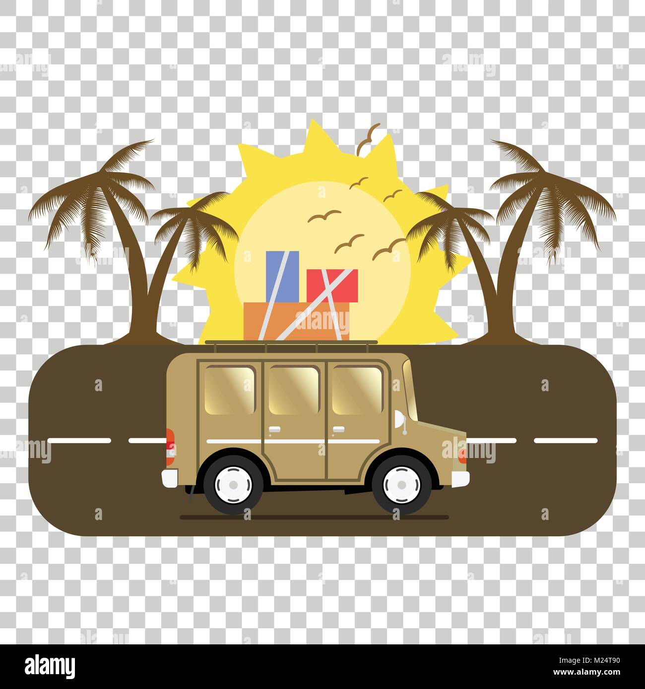 Reisen auto Camping Platz Landschaft. Palm, Vögel, Sonne, Strand, und auf der Straße. Vector Illustration im flachen Stil. Stock Vektor