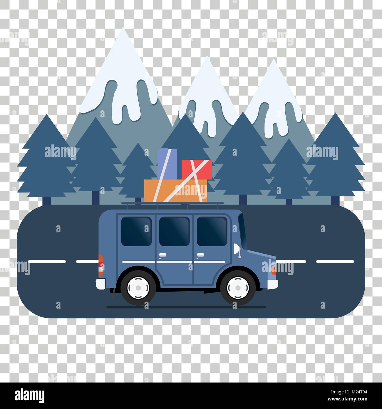 Reisen auto Camping Platz Landschaft. Berge, Bäume, Tanne, und auf der Straße. Vector Illustration im flachen Stil. Stock Vektor