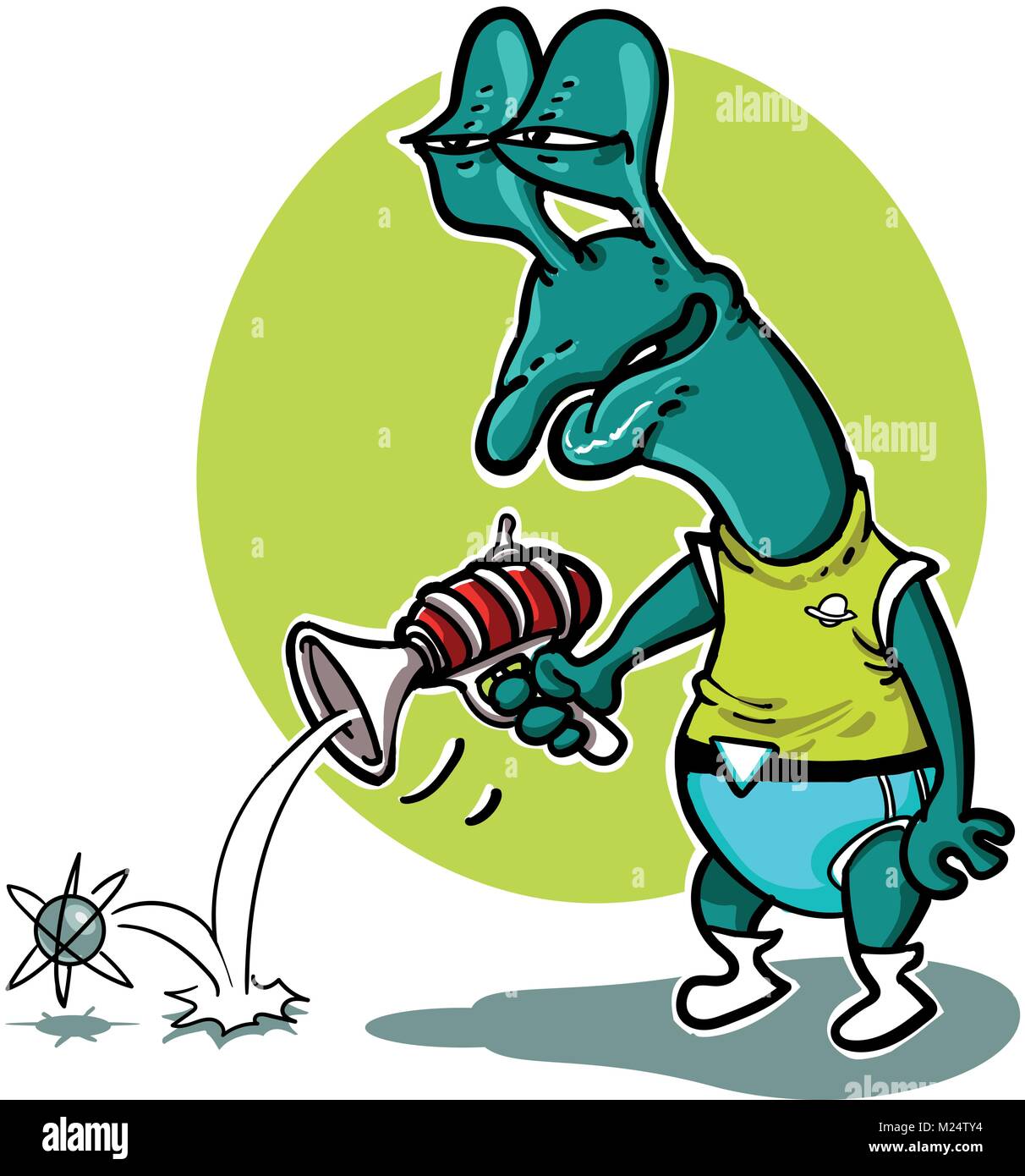 Eine dumme alien Aufnahmen Single electron mit seinem Plasma gun lustig Cartoon Stock Vektor