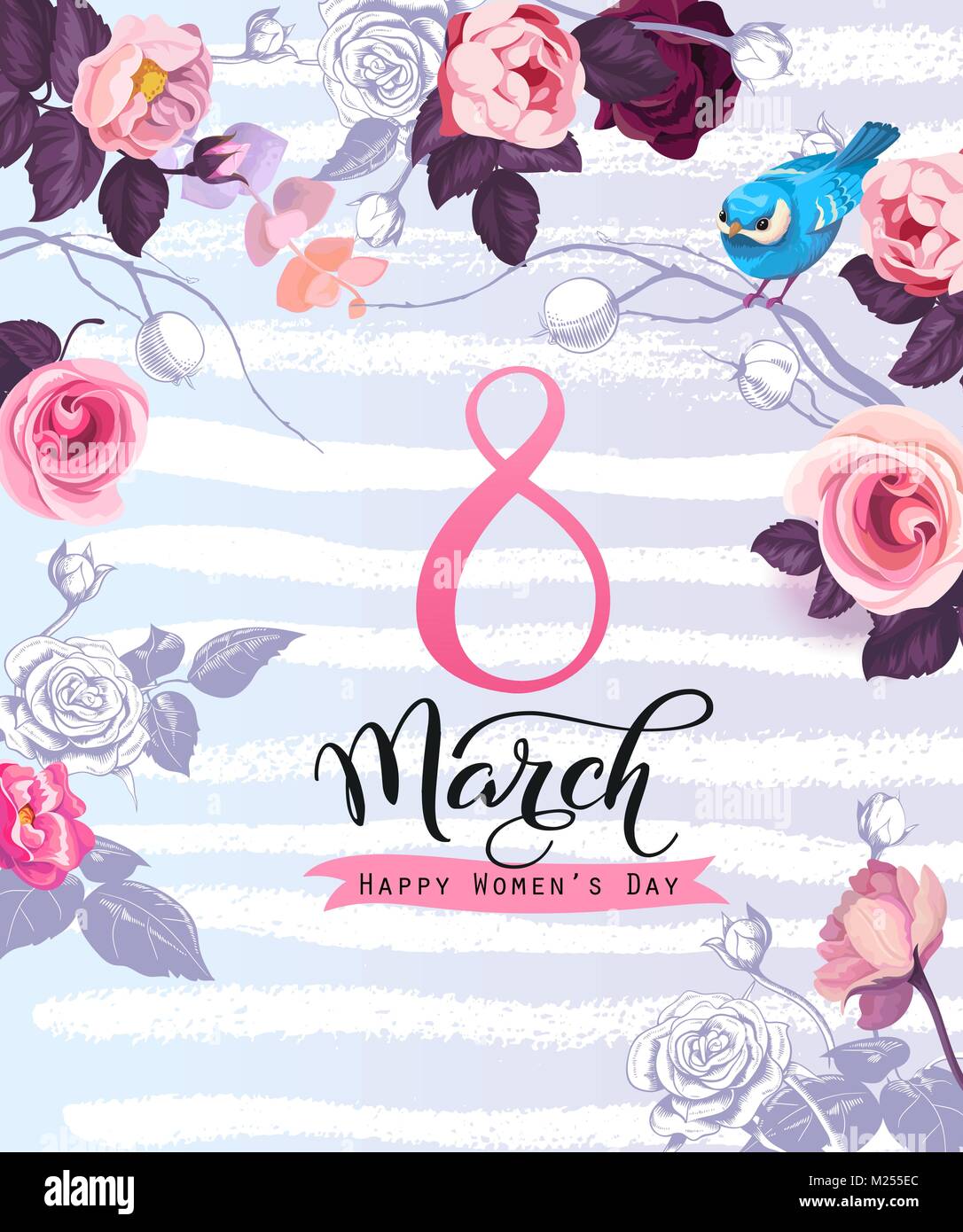 Tag der Frauen Grußkartenvorlage mit eleganten Schriftzug, wunderschönen farbigen rose Blumen, kleinen Vogel auf lila Hintergrund mit weißer Farbe Spuren. Vector Illustration für den 8. März Feier. Stock Vektor