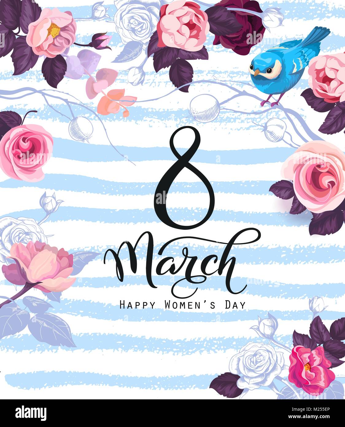 8. März feier Plakat Vorlage mit festlichen wünschen, wunderschöne semi Farbige rose Blumen, niedlichen Vogel auf blauem Hintergrund mit weißer Farbe Spuren. Vector Illustration für den Internationalen Frauentag. Stock Vektor