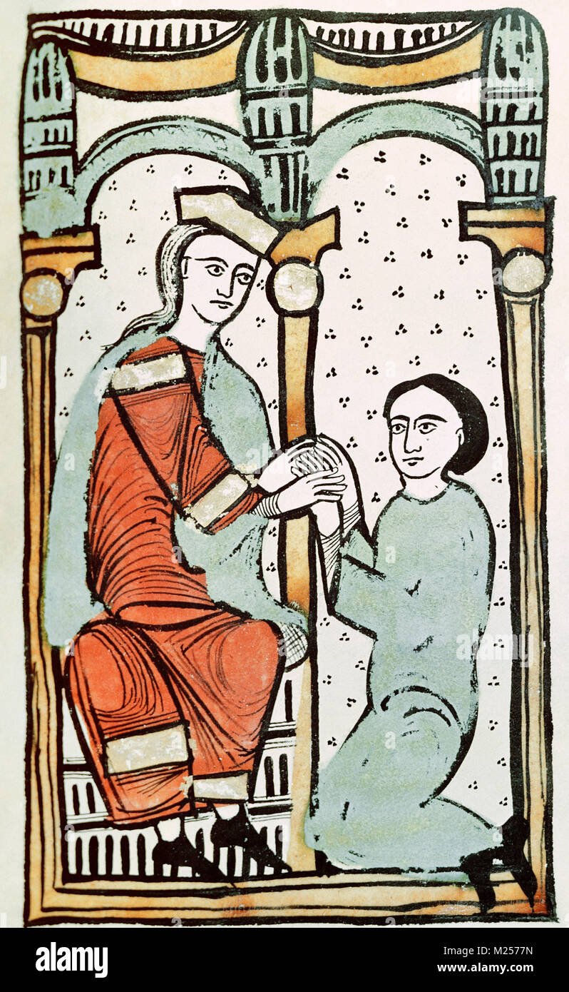 Grafen von Urgell Ermengol IV (1056-1092) das Gerp verkaufen das Schloss von Llorda seinem vasallen Mir de Tost. Miniatur des Liber Feudorum Maior. Codex, XII. Spanien. Stockfoto