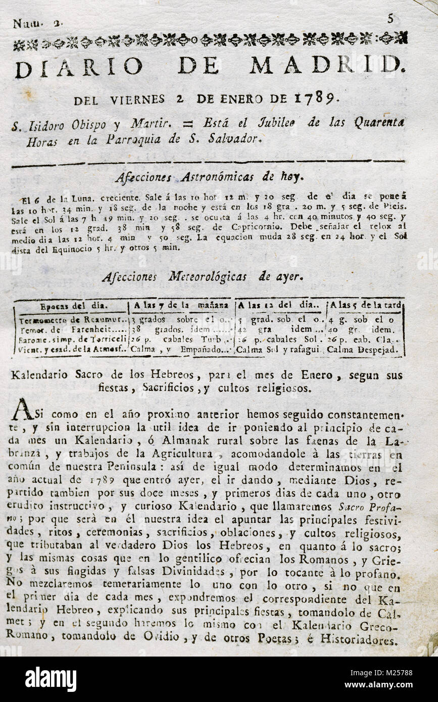 Spanische Presse, 18. Journal von Madrid. Nummer 2, Freitag, 2. Januar 1789. Stockfoto