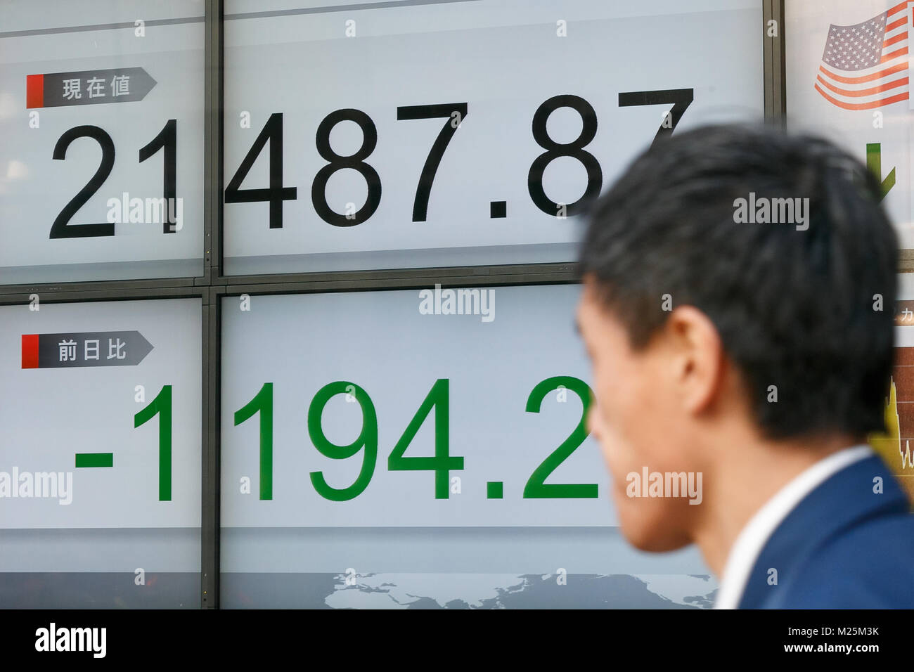 Ein Mann an einer elektronischen Börse, der anzeigt, Japan's Nikkei Stock Durchschnittswert, der für 5,43 Prozent oder 1,233.91 Punkte früh morgens am 6. Februar 2018, Tokio, Japan. Der 225-Problem Nikkei Stock durchschnittlich 5,43 Prozent gesunken, oder 21,403.34 1,233.91 Punkte bei 9:55 morgens nach dem Dow Jones Industrial Average fiel unter die 25.000 Ebene nach einer massiven US-verkaufen-weg am Montag. Credit: Rodrigo Reyes Marin/LBA/Alamy leben Nachrichten Stockfoto