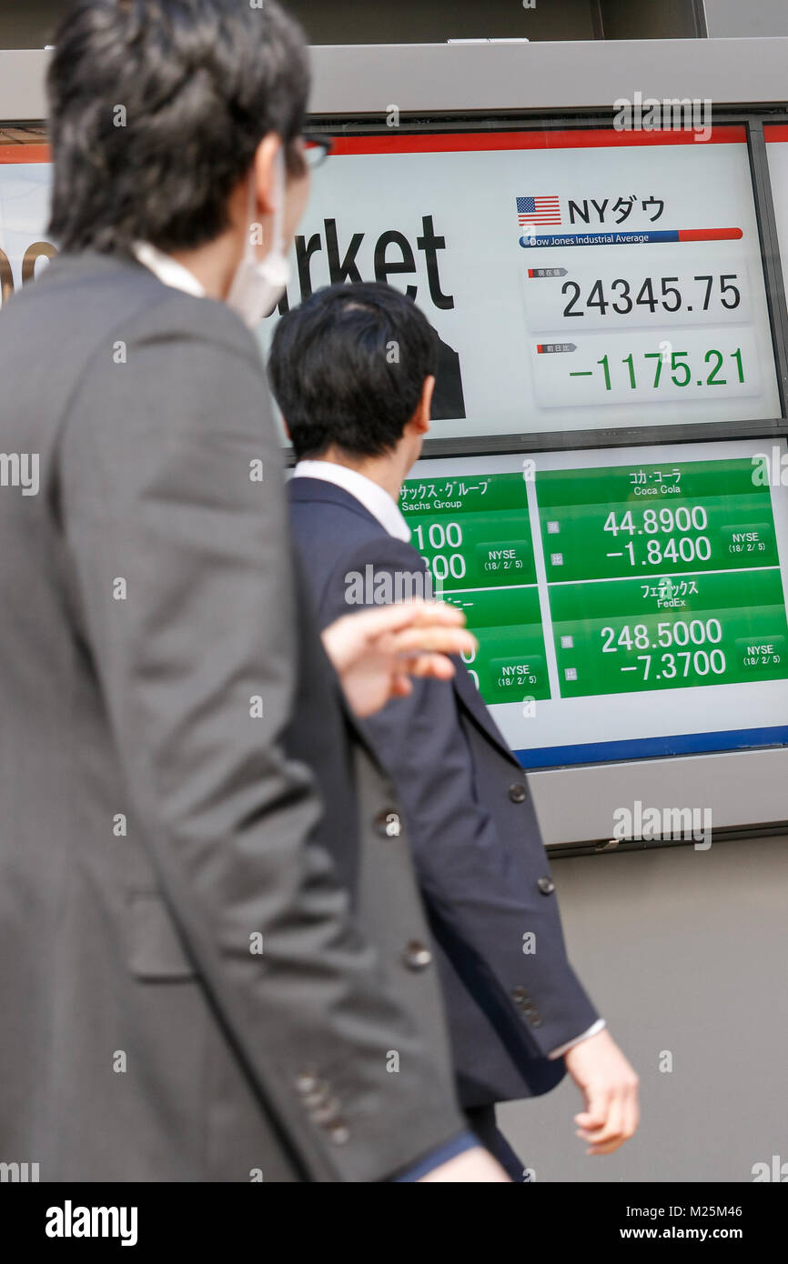 Fußgänger vorbei an einer elektronischen Börse board zeigt uns "Dow Jones Industrial Average am 6. Februar 2018, Tokio, Japan. Der 225-Problem Nikkei Stock durchschnittlich 5,43 Prozent gesunken, oder 21,403.34 1,233.91 Punkte bei 9:55 morgens nach dem Dow Jones Industrial Average fiel unter die 25.000 Ebene nach einer massiven US-verkaufen-weg am Montag. Credit: Rodrigo Reyes Marin/LBA/Alamy leben Nachrichten Stockfoto