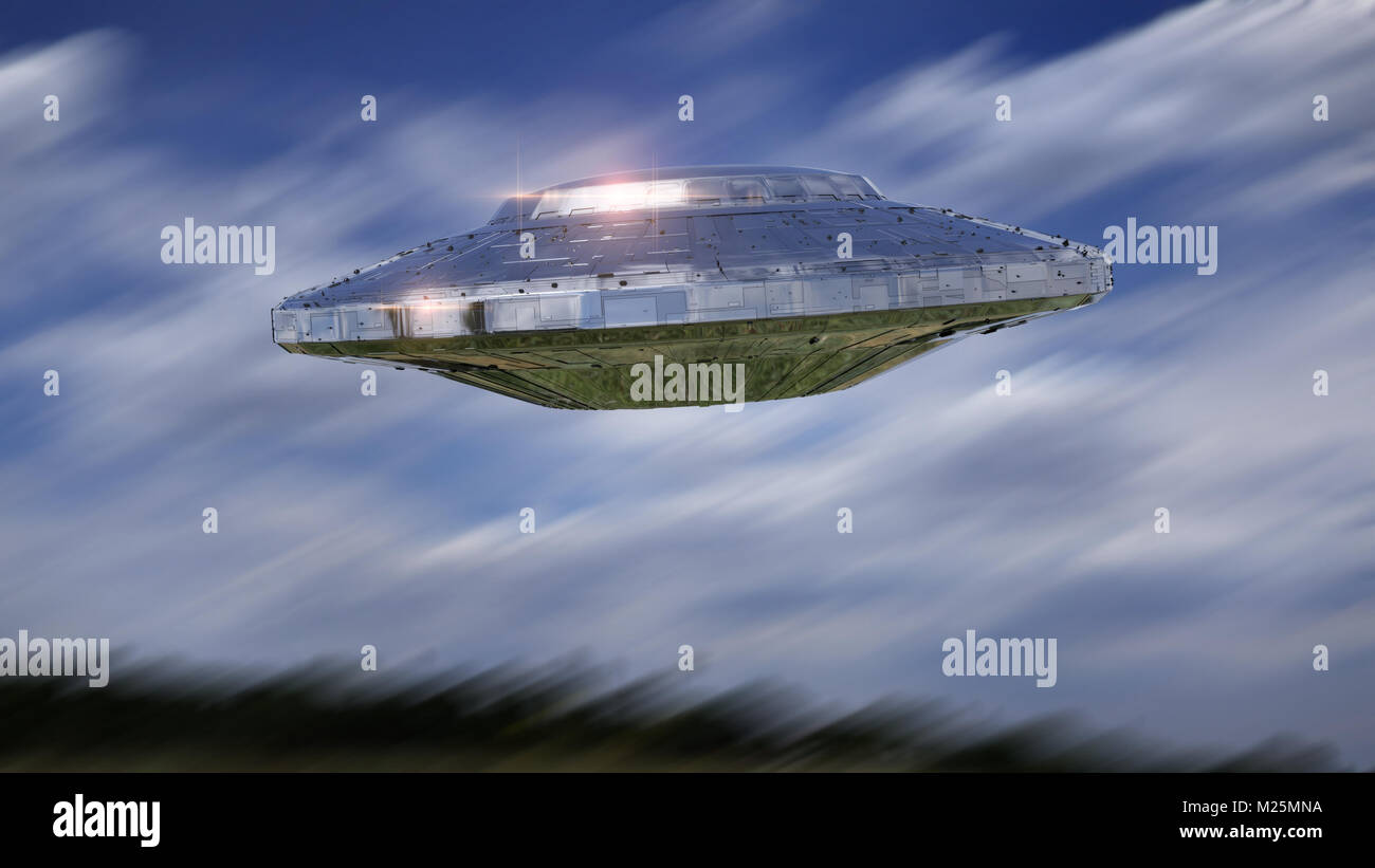 UFO, science fiction Szene mit außerirdischen Raumschiff, Besucher in fliegende Untertasse Stockfoto