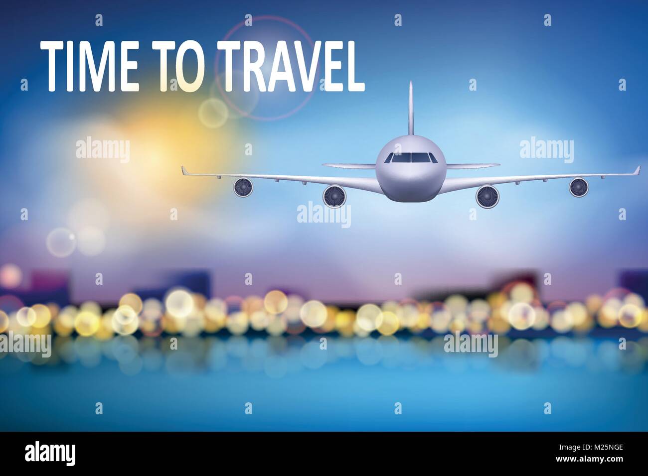 Sommer reisen Abbildung mit Flugzeug auf Blau sonnig Hintergrund mit weichen Bokeh und Wolken. Broschüre im Tourismus Thema. Reisebüro Werbung Flugzeug poster Design. Vector Illustration Stock Vektor