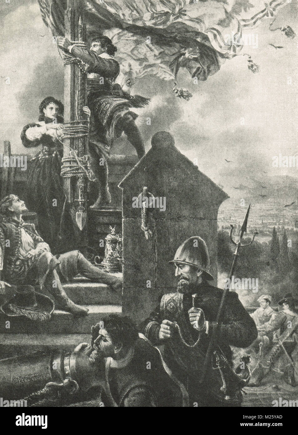 Verteidigung der Lathom Haus von Charlotte Stanley, Gräfin von Derby, 27. Februar 1644, der ersten Belagerung von lathom Haus unter der Führung von Sir Thomas Fairfax während des Englischen Bürgerkriegs Stockfoto