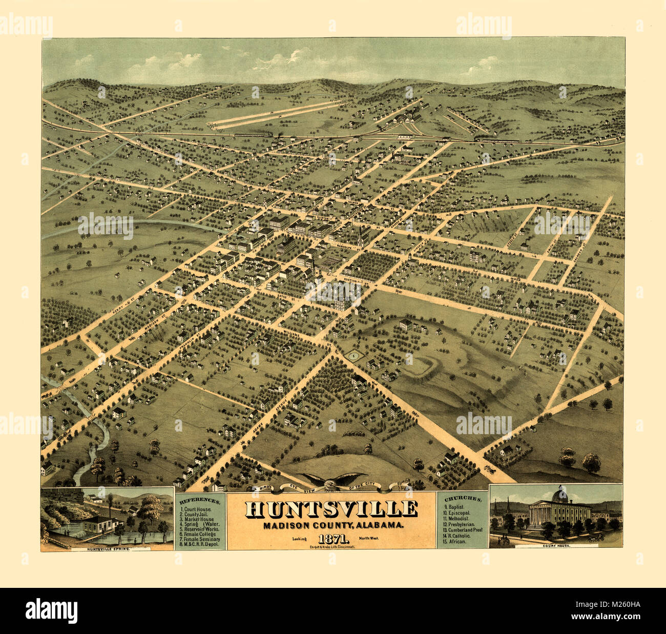 Historische Karte von Huntsville, Alabama circa 1871. Stockfoto