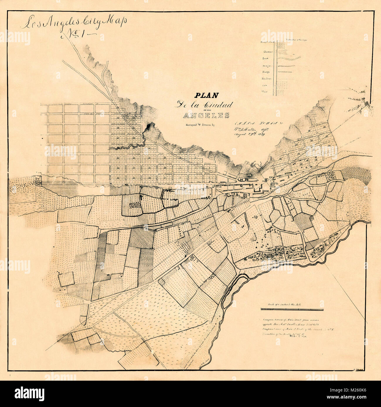 Historische Karte von Los Angeles ca. 1849. Stockfoto