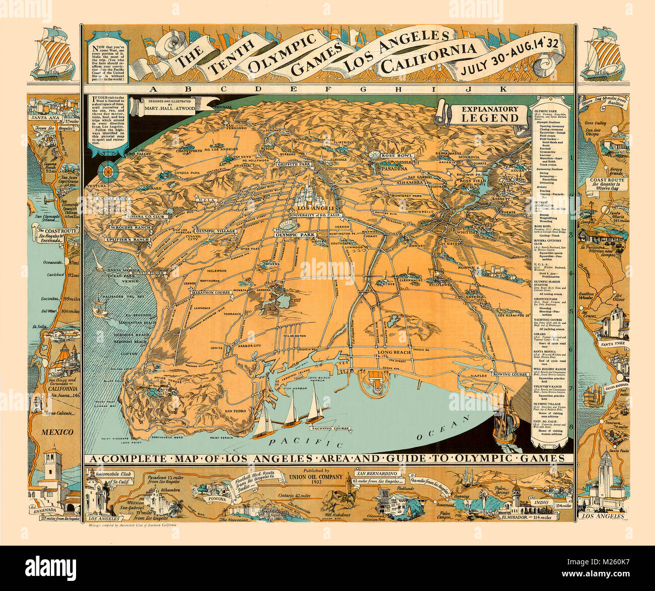 Historische Karte der Olympischen Spiele in Los Angeles 1932. Stockfoto