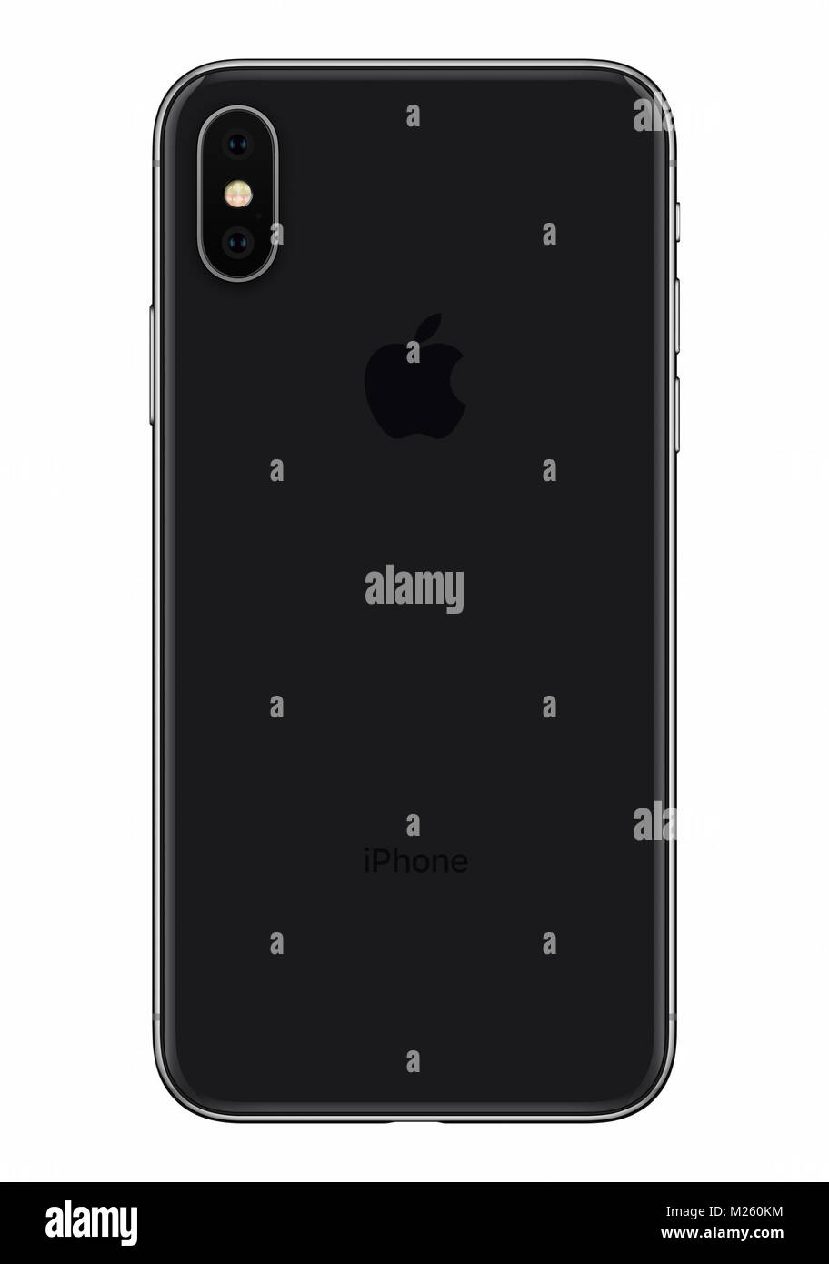 Platz Grau Apple iPhone X zurück Seite Vorderansicht auf weißem Hintergrund. Stockfoto