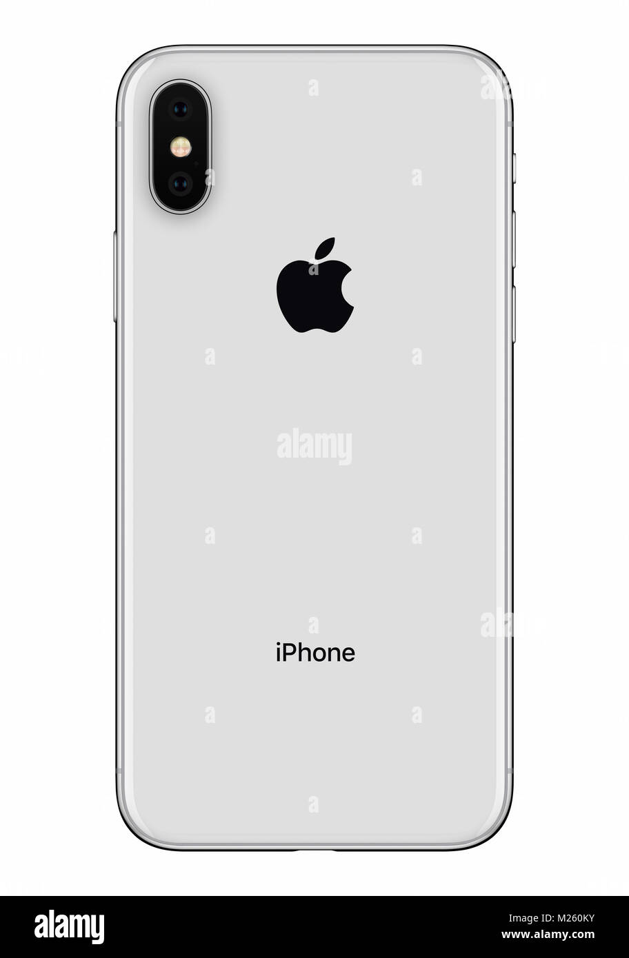 Silber Apple iPhone X zurück Seite Vorderansicht auf weißem Hintergrund. Stockfoto