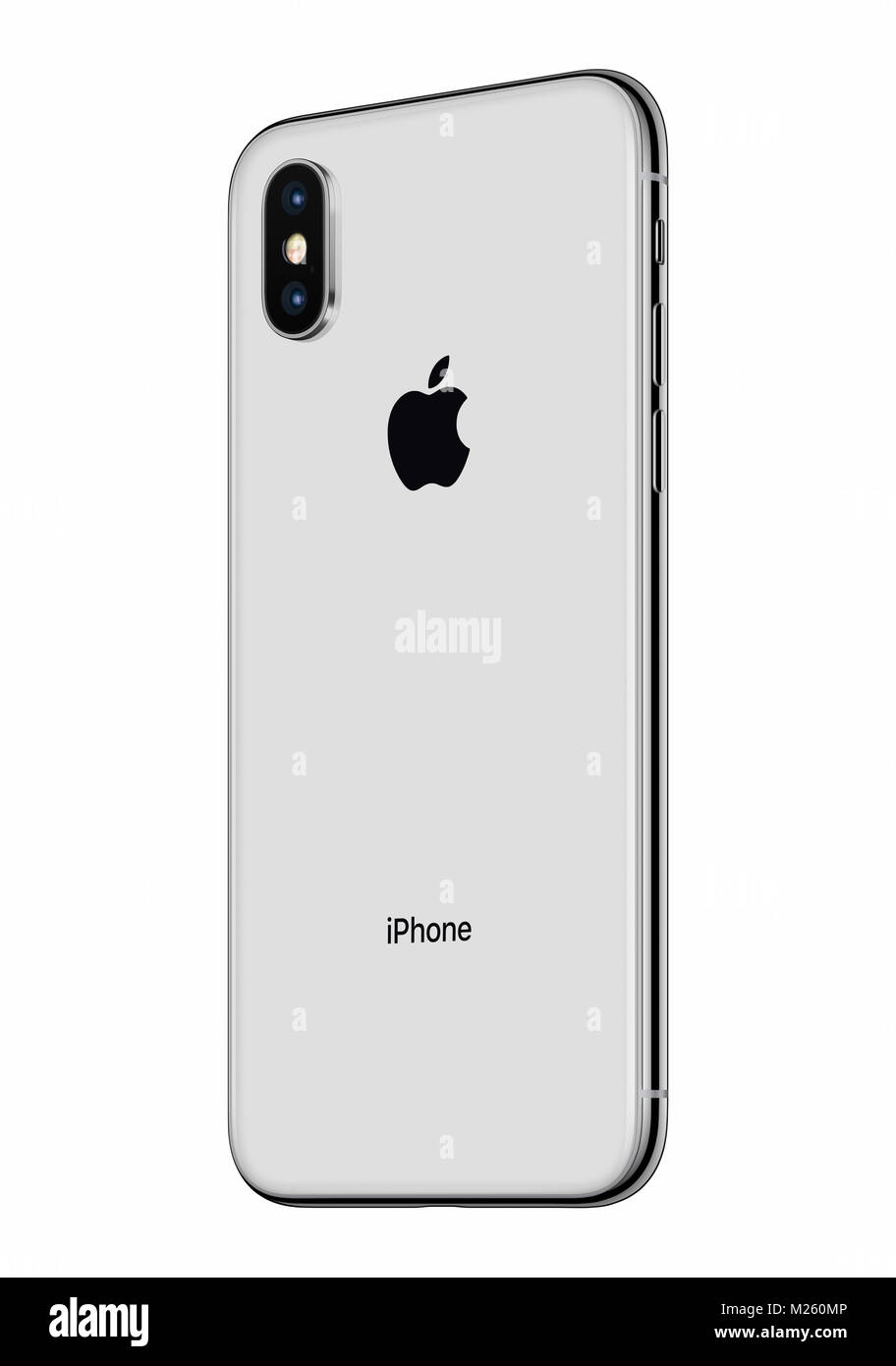 Silber Apple iphone x Rückseite leicht gedreht isoliert auf weißem Hintergrund. iPhone 10 ist das neueste Smartphone von Apple Inc mit rahmenlosen Design. Stockfoto